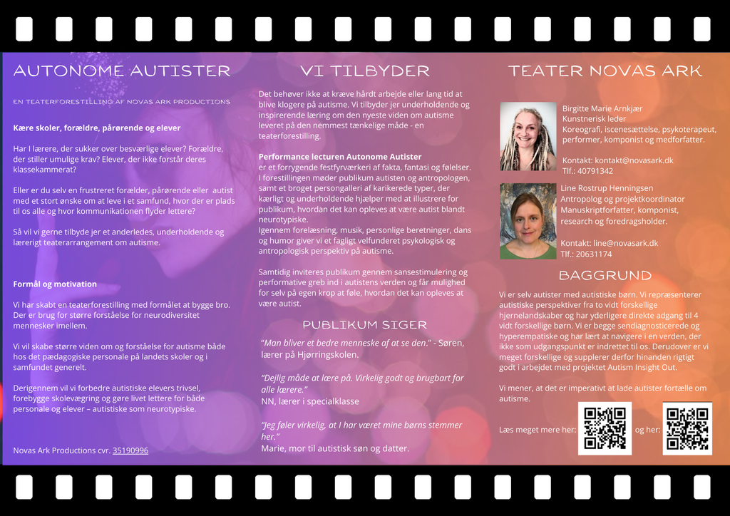 Brochure om Autonome Autister, 2024 – information om forestillingen, målgruppe, baggrund og medvirkende.